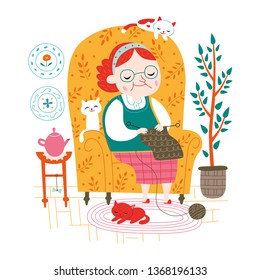 An old woman is kniting. Vector illustration isolated on a white background.