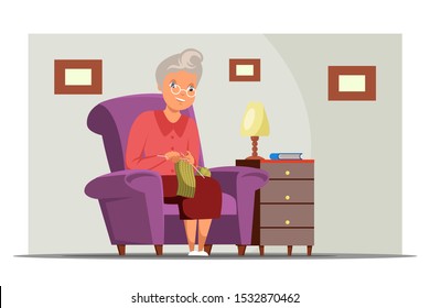 Old woman knitting flat vector illustration. Aged lady, grandmother cartoon character. Granny sitting in armchair with wool thread ball and needles. Leisure activity, retiree making handmade clothes