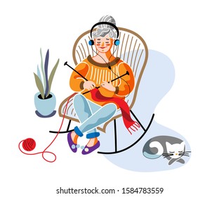 Old woman knitting flat vector illustration. Aged lady, grandmother cartoon character. Granny sitting in armchair with wool thread ball and needles. Leisure activity, retiree making handmade clothes