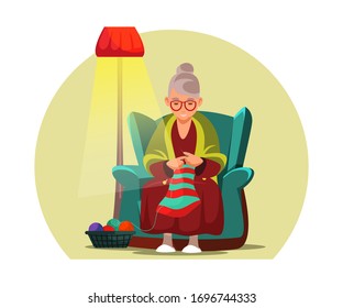 Old Woman Knitting Flat Vector Illustration Stock Vector (Royalty Free ...
