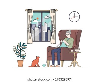 Old woman knitting on armchair at home. Vector illustration 