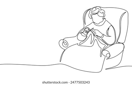 Old woman is knitting one line continuous. Knitting line art. Hand drawn vector art