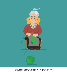 the old woman was knitting socks to knit, sat on a chair, vector illustration, cartoon