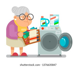 Old woman lady wash dirty clothes laundry washing machine household granny character flat cartoon design vector illustration