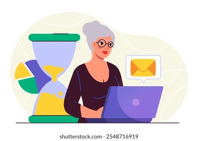 Mujer vieja con el ordenador portátil. Mujer mayor cerca de los relojes de arena. Organizar procesos de trabajo eficientes. Aprendizaje senior utiliza ordenador y ordenador portátil. Ilustración vectorial plana aislada sobre fondo blanco