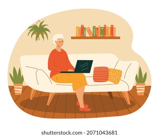 Old woman with laptop. Grandmother sitting on couch and looking for information on Internet. Modern technologies, leisure, work. Freelancer, remote employee. Cartoon flat vector illustration