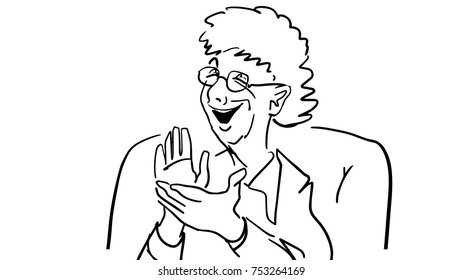 Old woman laughs and claps her hands. Funny granny. Black and white vector sketch. Simple drawing.
