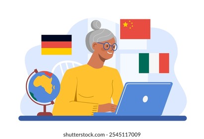 Old woman learning foreign languages. Elderly woman with laptop near Italian, German and Chinese flags. Education and learning on internet. Flat vector illustration isolated on white background
