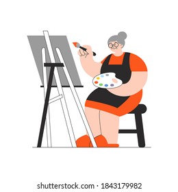 Old woman learns to draw with oil paints. Elderly education, active retirement, hobby for old people concept. Vector flat illustration isolated on white background.