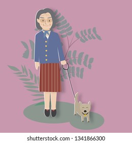 Old woman leash the little dog and walking,vector illustration paper art style.