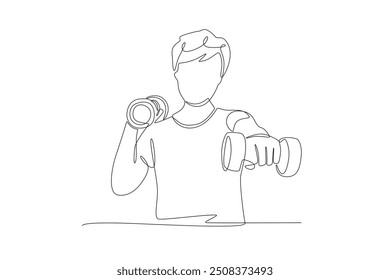 Old woman lifting barbell. Active older women concept one-line drawing