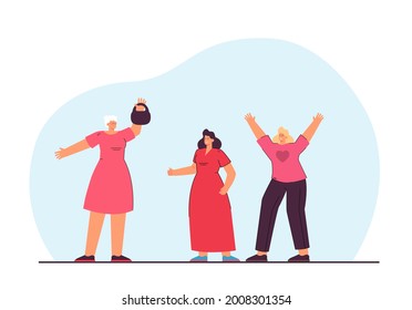 Old Woman Lifting Weights And Young Women Cheering. Elderly Person Doing Spots Flat Vector Illustration. Elder Fitness, Healthy Lifestyle Concept For Banner, Website Design Or Landing Web Page