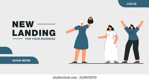 Old Woman Lifting Weights And Young Women Cheering. Elderly Person Doing Spots Flat Vector Illustration. Elder Fitness, Healthy Lifestyle Concept For Banner, Website Design Or Landing Web Page