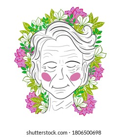 Old Woman Line Art Design, Floral Pattern Wallpaper, Cute Elderly Profile Face, Isolated On White Background, Vector Illustration