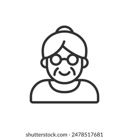 Old woman, in line design. Old, woman, elderly, senior, grandma, aged, retired on white background vector. Old woman editable stroke icon.