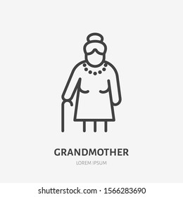 Old woman line icon, vector pictogram of grandmother with stick. Elderly care illustration, people sign.