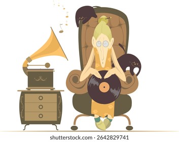 Mulher velha ouve um registro no velho toca-discos.
Mulher velha engraçada sentada em uma poltrona e ouvindo um longo registro de jogo no vintage toca-discos. Isolado sobre fundo branco
