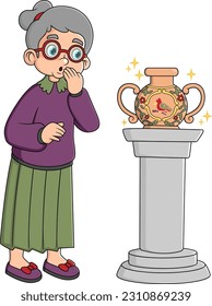 old woman looking historical items, ancient vases and urns of illustration