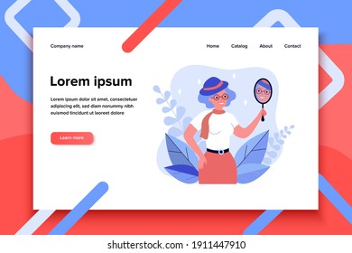 Old woman looking in mirror and smiling. Face, hat, beauty flat vector illustration. Fashion and appearance concept for banner, website design or landing web page