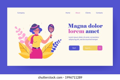 Old woman looking in mirror and smiling. Face, hat, beauty flat vector illustration. Fashion and appearance concept for banner, website design or landing web page