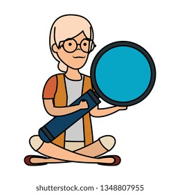 old woman in lotus position with magnifying glass