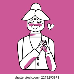 Old woman in love, holding her hands, pink and white. Line art, hand drawn sketch style.