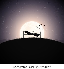 Old woman lying in bed. Death and afterlife. Full moon silhouette