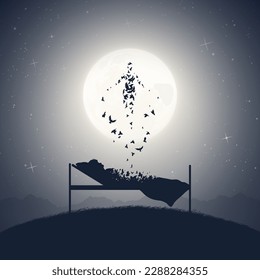 Old woman lying in bed. Death, afterlife. Flying human soul. Full moon