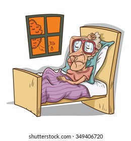 Old woman Lying in Bed vector cartoon, illustration  