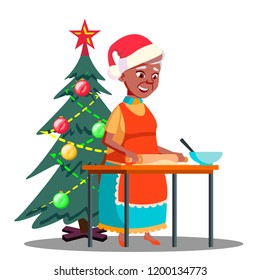 Old Woman Makes Christmas Cookies In The Kitchen Vector. Isolated Illustration
