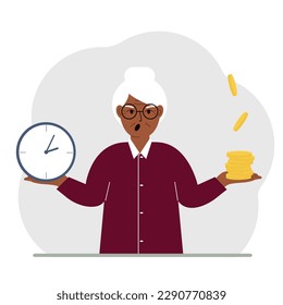 A old woman makes a decision or chooses between two options or alternatives, a watch and a pile of coins. The concept of time or money, the balance between work and leisure. Vector flat illustration