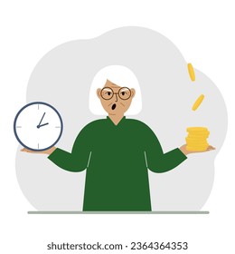 A old woman makes a decision or chooses between two options or alternatives, a watch and a pile of coins. The concept of time or money, the balance between work and leisure.