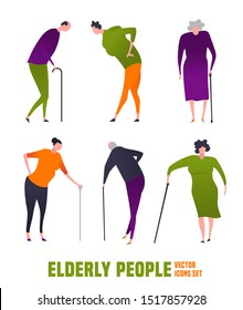 The old woman, man with a cane. Elderly people problem. Medicine, healthy lifestyle concept. Editable vector illustration in orange, green, violet colors isolated on white background. Flat icons set