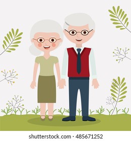 Old woman and man cartoon icon. Grandparents and family theme. Colorful design. Leaves background. Vector illustration