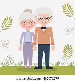 Old woman and man cartoon icon. Grandparents and family theme. Colorful design. Leaves background. Vector illustration