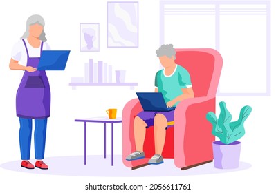 Old woman and man with laptop and tablet pc sitting at home. Grandparents use computers, modern gadgets. Concept of remote work from home, distance learning for retired people. Studying technologies