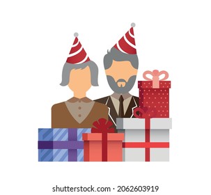 old woman and man New Year concept. Send a Gift to Grandparents. Christmas New Year Gifts. editable vector, graphic, banner.
