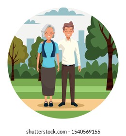 old woman and man in the park over white background, colorful design. vector illustration