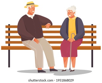 Old woman and man are resting, sitting and talking on bench together isolated on white background
