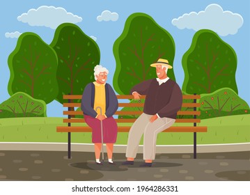 Old woman and man are resting and sitting on bench in park. Grandmother with cane smiling at man in hat. Rendezvous of retirees from nursing home. Elderly people spend time talking together outdoors