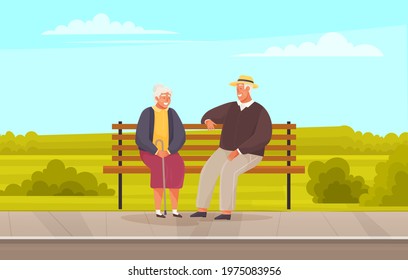 Old woman and man are resting and sitting on bench in park. Grandmother with cane smiling at man in hat. Rendezvous of retirees from nursing home. Elderly people spend time talking together outdoors