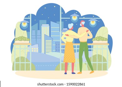 Old Woman and Man Standing Outside and Watching Cityscape Flat Cartoon Vector Illustration. Senior Couple on Terrace at Night. Buildings with Light. Happy Retirement, Lovely Relationships.