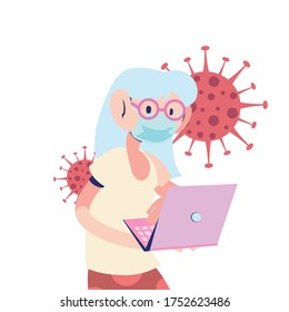 anciana con máscara mirando el diseño de ilustraciones de vectores de computadora