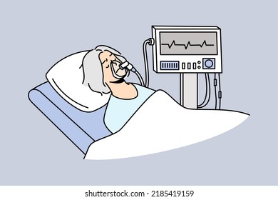 Old woman in mask lying under ventilator in hospital. Mature patient breathing with ventilating machine. ICU hospital intensive. Vector illustration. 