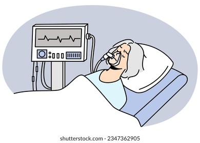 Old woman in mask lying under ventilator in hospital. Mature patient breathing with ventilating machine. ICU hospital intensive. Vector illustration.