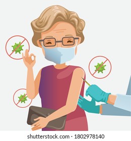 Old woman mask vaccinated. Hand holds an vaccination Elderly female.  Doctor elderly care at a nursing home. Vaccination concept for covid-19. Vector illustration.