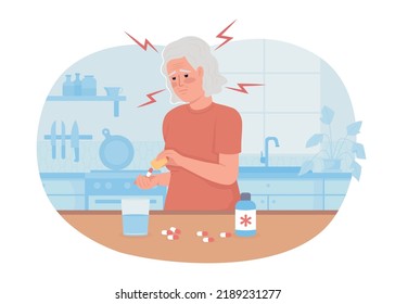 Old woman with migraine taking medication 2D vector isolated illustration. Painkiller flat character on cartoon background. Health colourful editable scene for mobile, website, presentation