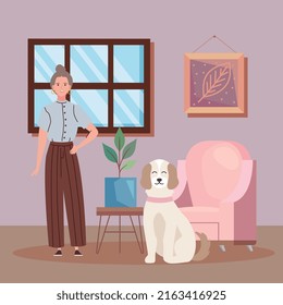 old woman modeling with dog