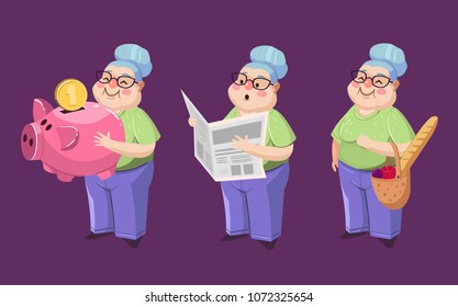 Old woman with money box, newspaper, bag. Cartoon vector  illustration.