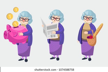 Old woman with money box, newspaper, bag. Cartoon vector  illustration.